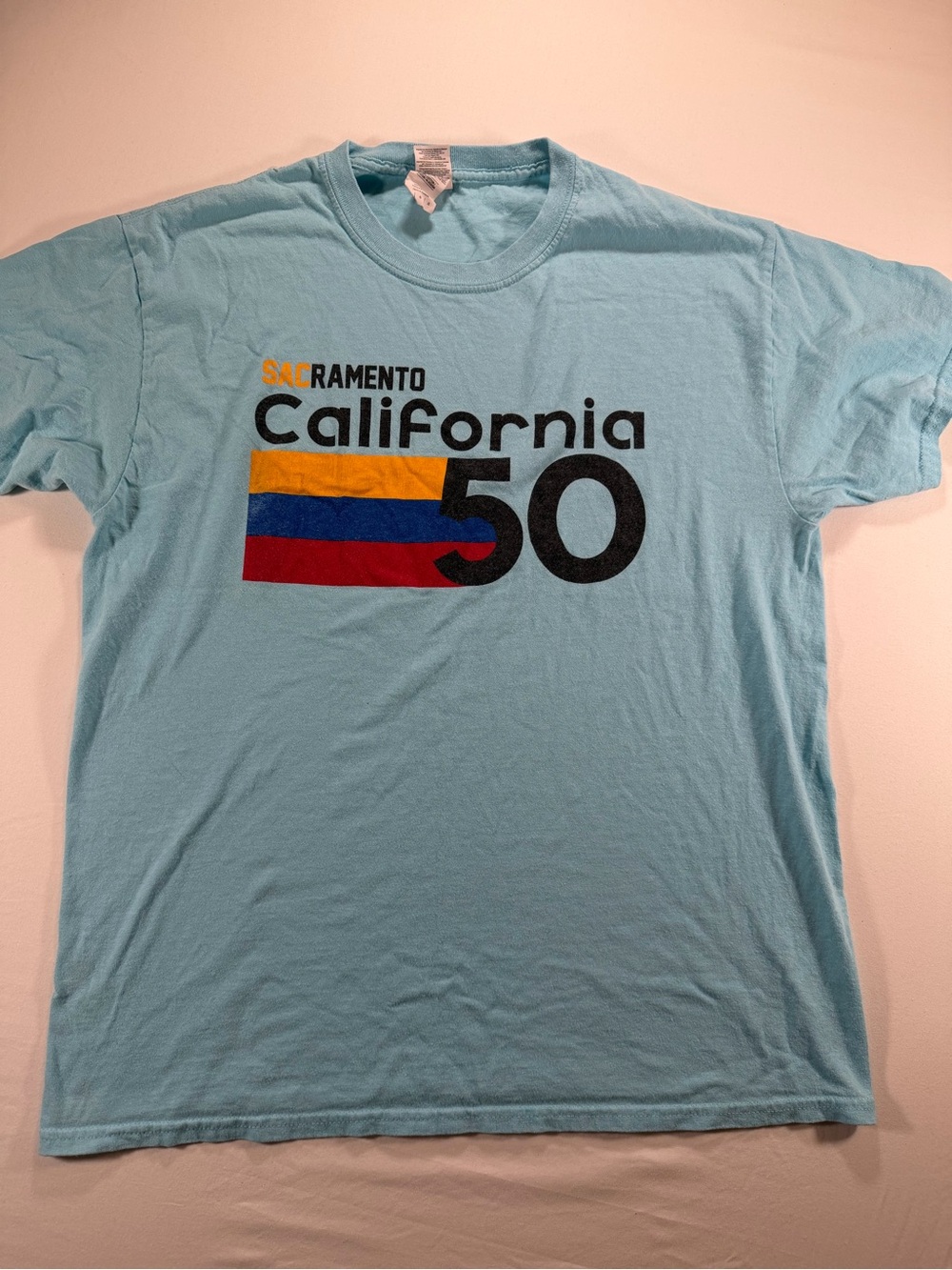 Gildan Light Blue California 50 Graphic Tee with Multicolor Stripe